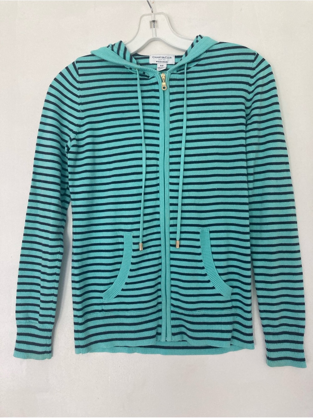 Charter Club Knit Hooded Jacket Women’s Sz P/P Striped Long Sleeve Full Zip
